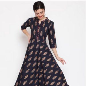 Mandarin Collar Printed Cotton Maxi Ethnic Dress